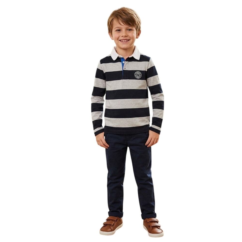 Jacadi Paris Boys Rugby Shirt Sz 8Y Striped Long Sleeve Preppy Polo Blue Gray